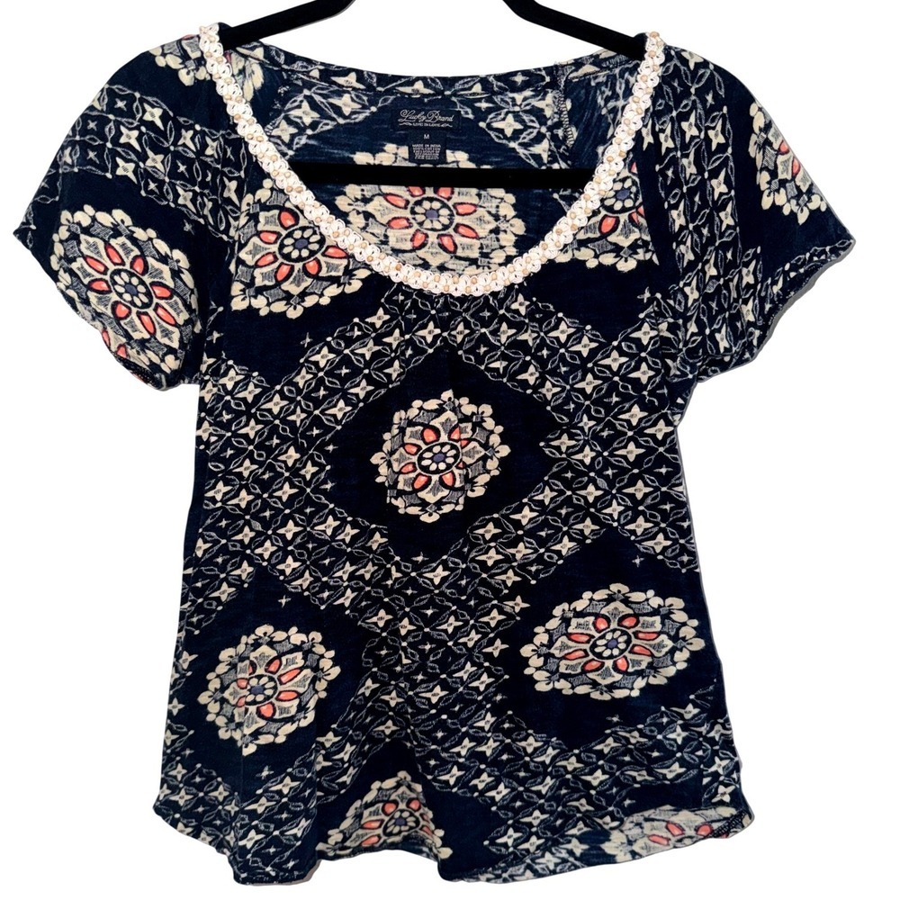Lucky Brand Knit Top Size Medium Blue Crochet Beaded Boho 100% Cotton Hippie